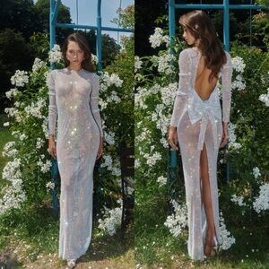 Santa Brand SPARKLE MAXI DRESS WITH BOW rhinestone silver gown Revolve one size